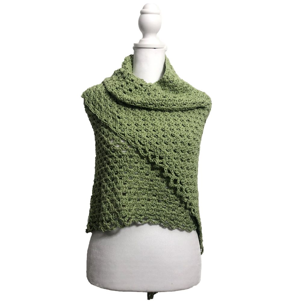 Crochet Handmade Triangle Shawl Wrap - Green -  Hand Crochet Knit Art To Wear